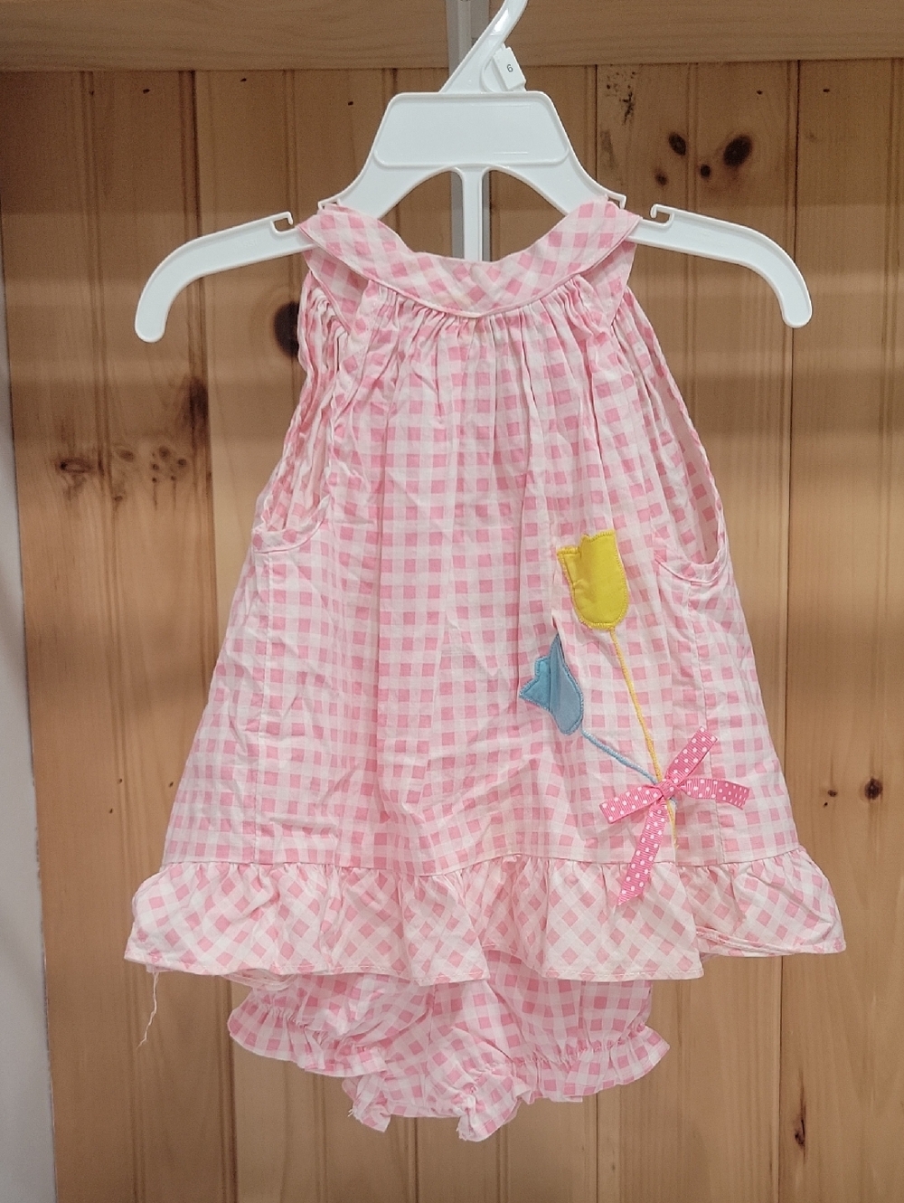 Pink Gingham Baby Outfit with Floral Applique
